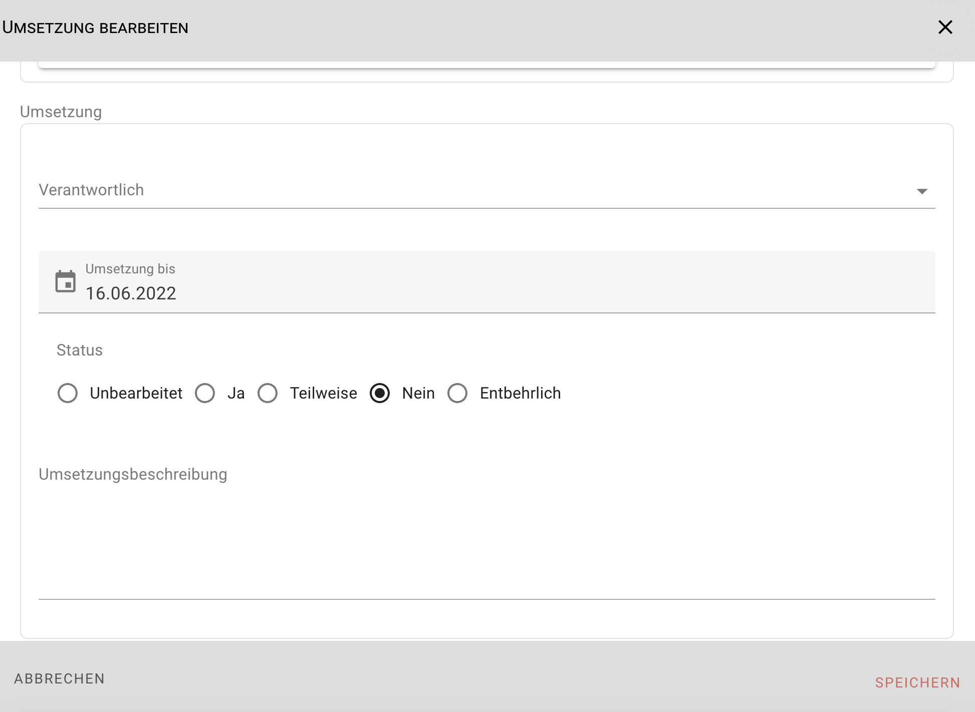 Umsetzung bearbeiten
