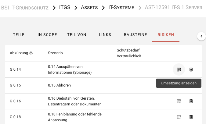 Mitigierende Maßnahmen: Umsetzung anzeigen