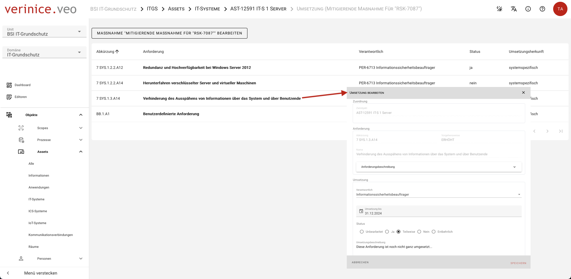 Mitigierende Maßnahmen: Umsetzung bearbeiten