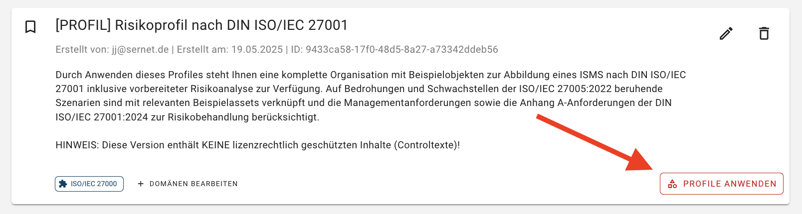 Profil anwenden auf eine bereits erstelle Unit