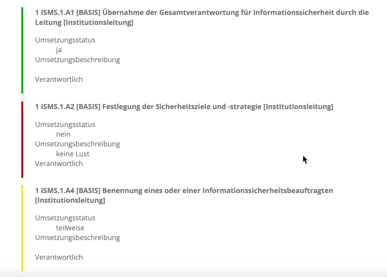 Umsetzungsstatus farbig codiert