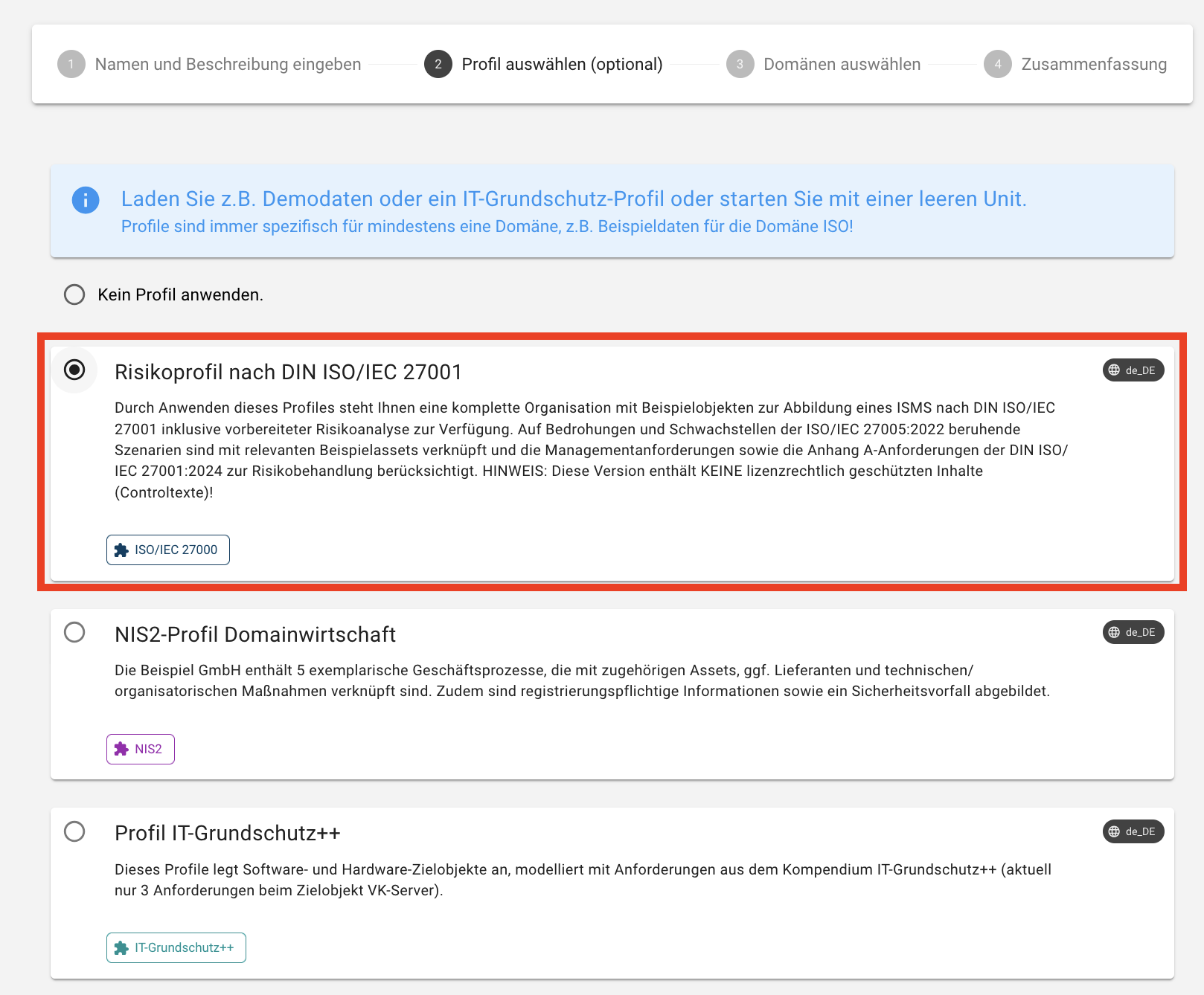 Profil anwenden beim Erstellen einer Unit