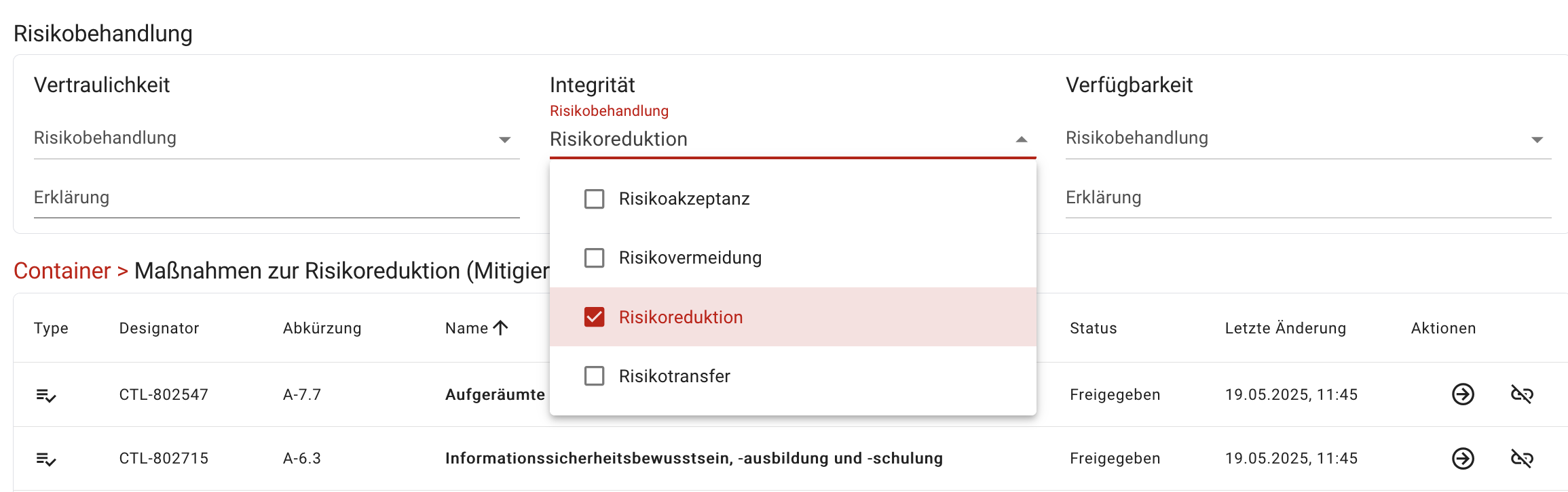 Risikobehandlung auswählen